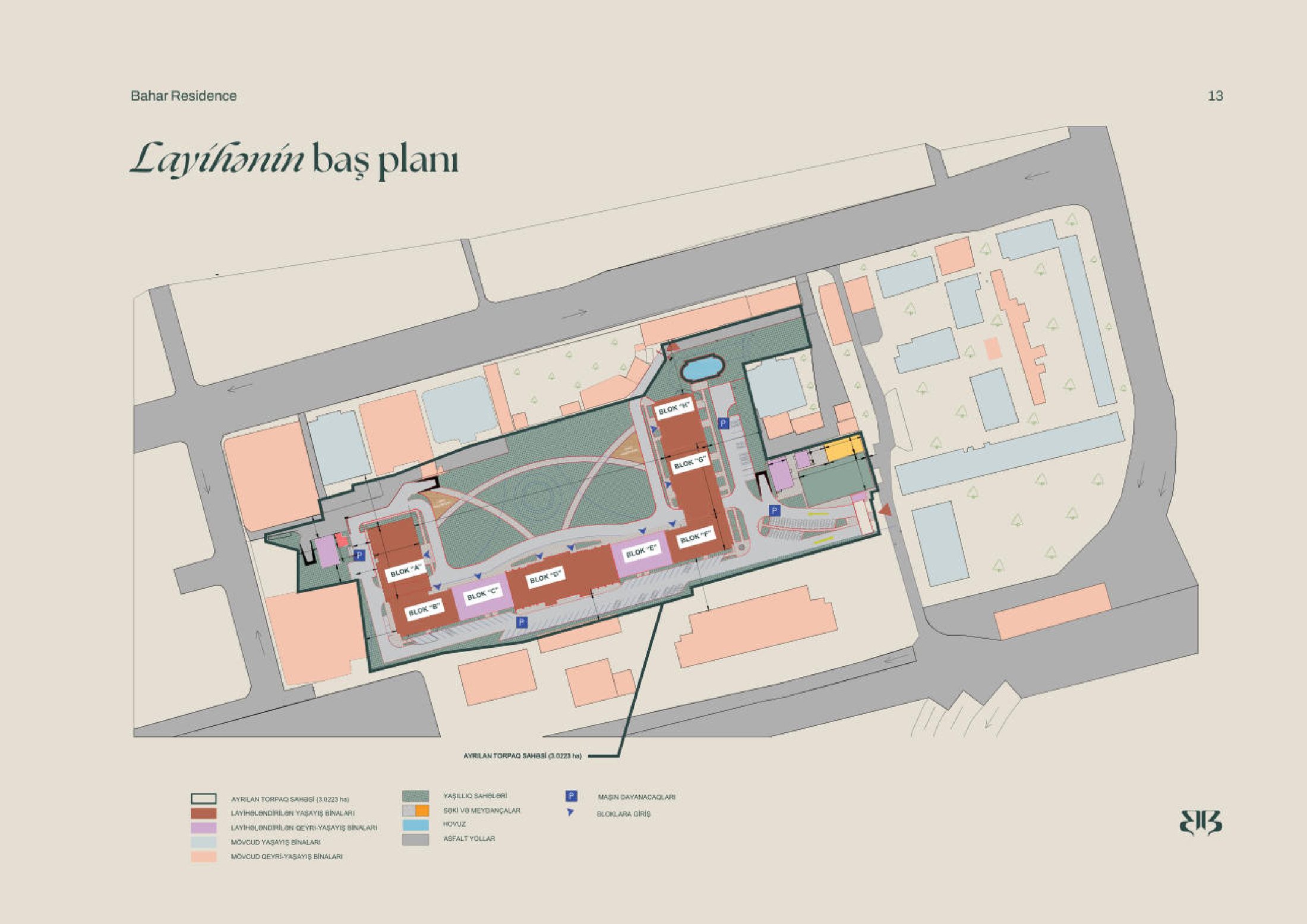 Bahar Residence — site masterplan, blocks A–H